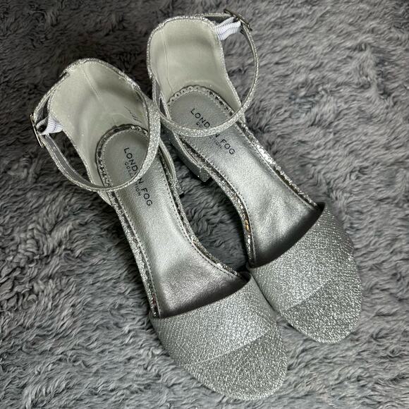 London Fog Nikki Silver Glitter Ankle Strap Block Heels 6.5M Bling Pumps Wedding - Picture 7 of 9
